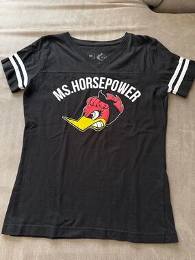 Ms. Horsepower Black Graphic Tee with White Sleeve Stripes
